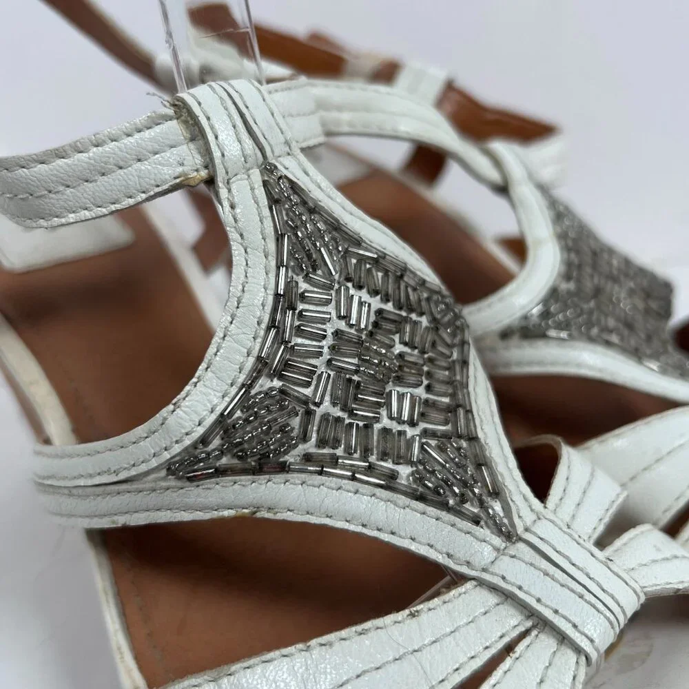 Clarks Bendables White Leather Sandals Wedge Cork‎ Heel Open Toe Womens 9
